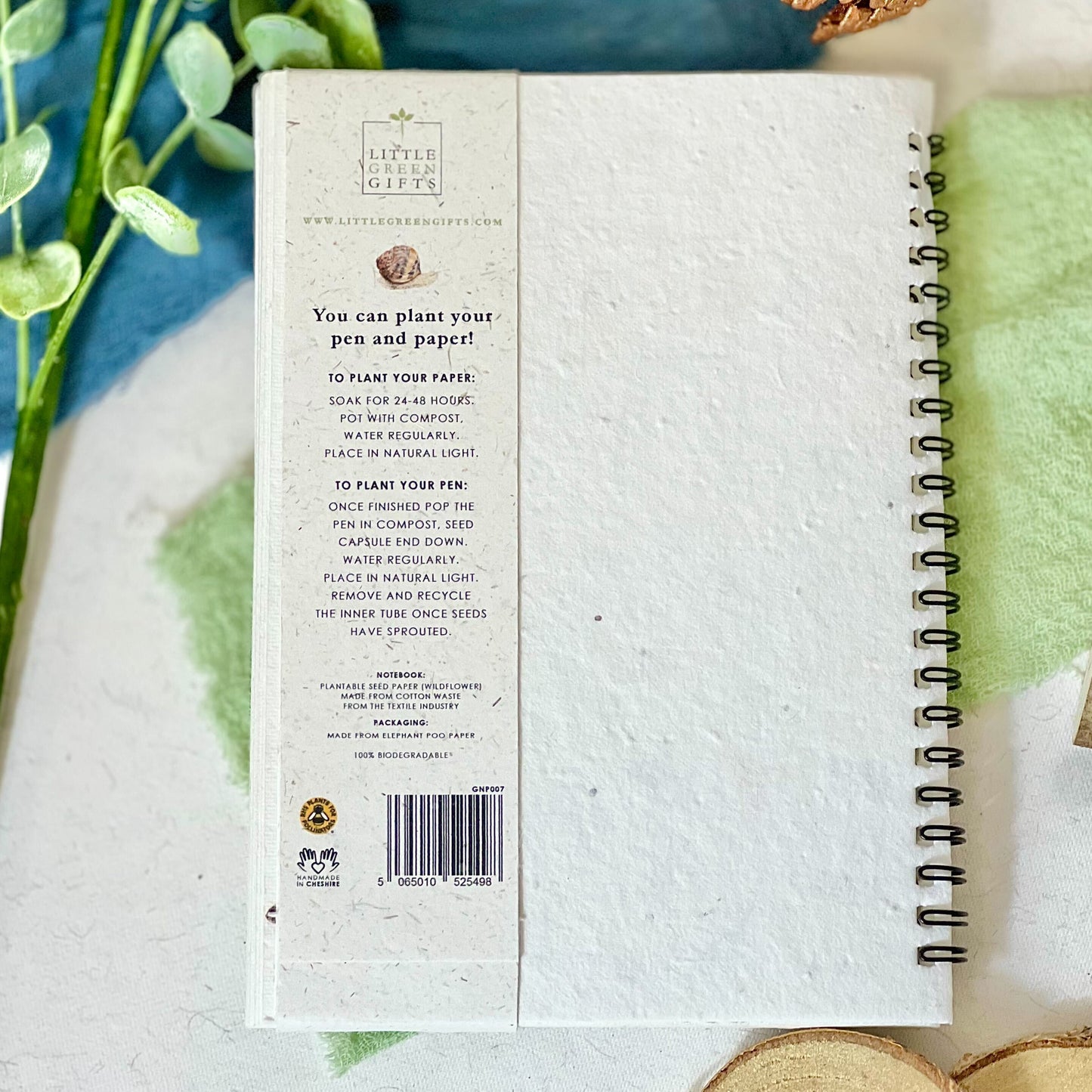 Eco-friendly notebook back cover, featuring nature-inspired elements and plantable pen