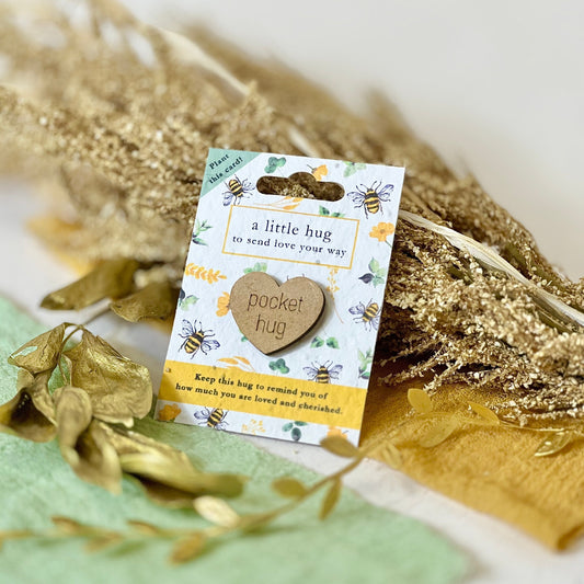 Pocket Hug – Bees & Blossoms on a seed paper backing card, plant to grow wildflowers – unique eco-friendly gifts