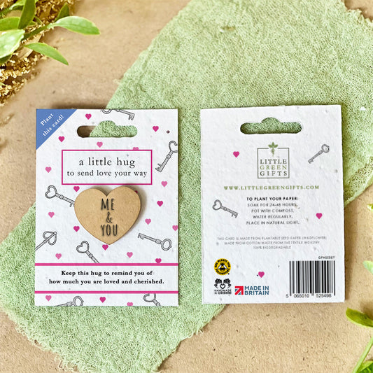Pocket Hug – Key to My Heart on a seed paper backing card, plant to grow wildflowers – unique eco-friendly gifts