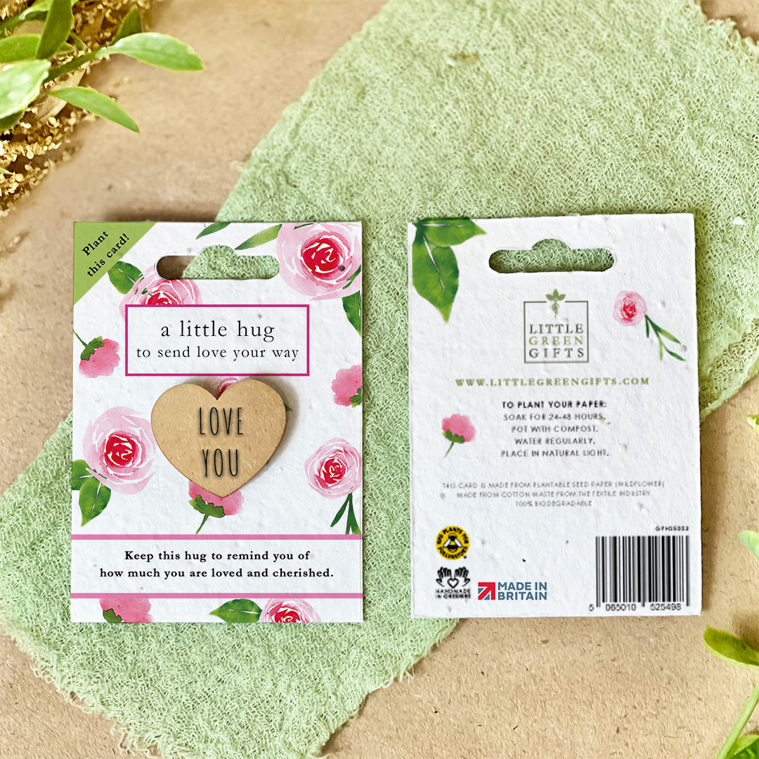 Pocket Hug – Love in Bloom on a seed paper backing card, plant to grow wildflowers – unique eco-friendly gifts