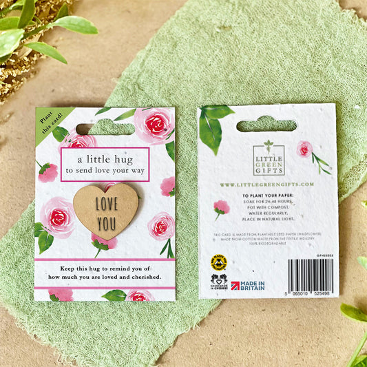 Pocket Hug – Love in Bloom on a seed paper backing card, plant to grow wildflowers – unique eco-friendly gifts